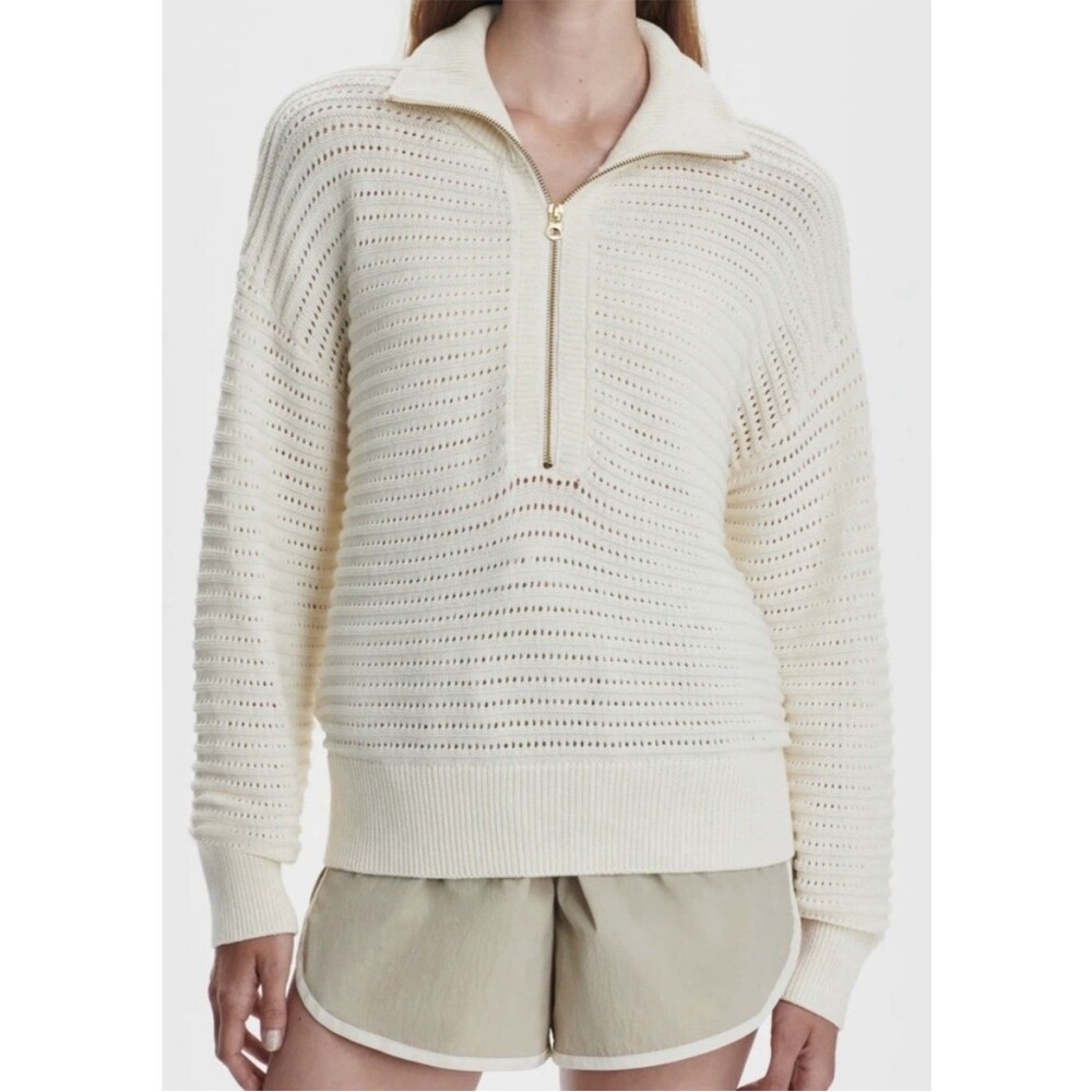 Varley Tara Cream Cotton Pointelle Half Zip Sweater S
